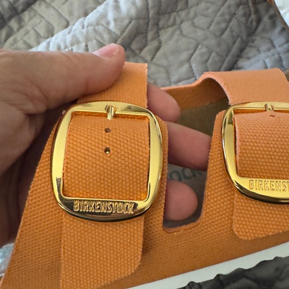 Birkenstock Bright Orange Sandals with Gold Big Buckles - Picture 3 of 5